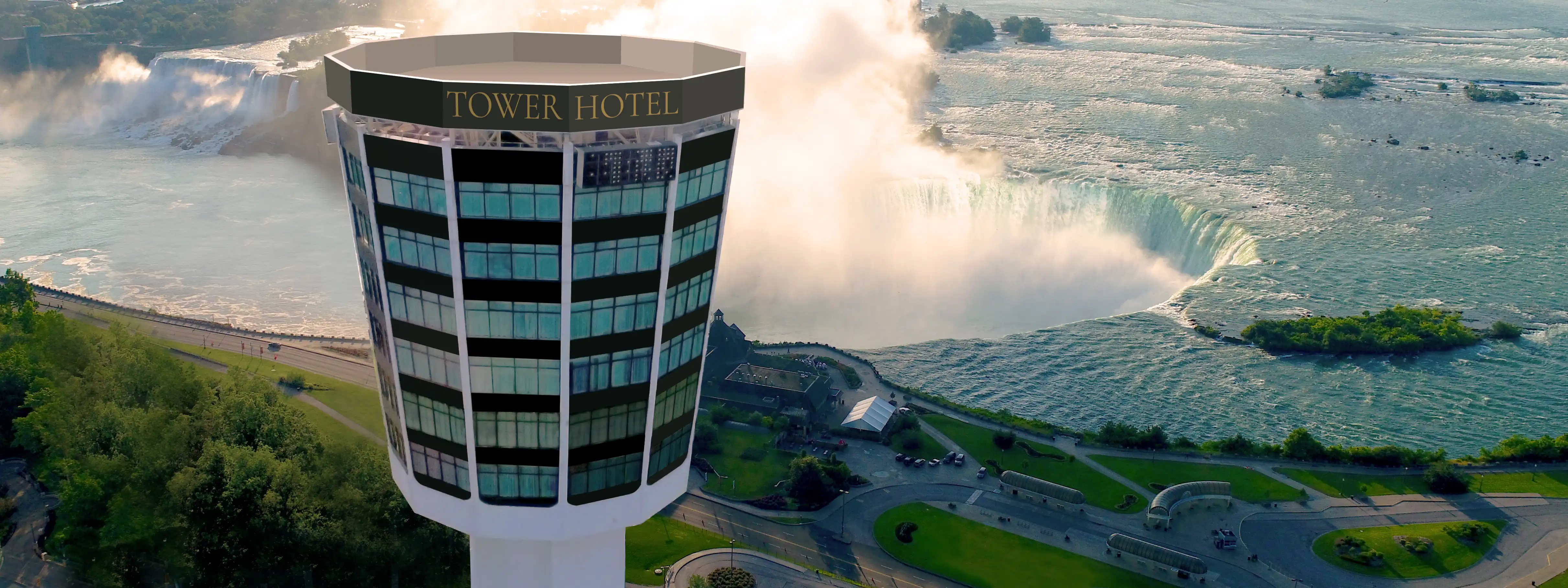 Tower Hotel overlooking Niagara Falls and Niagara Escarpment.